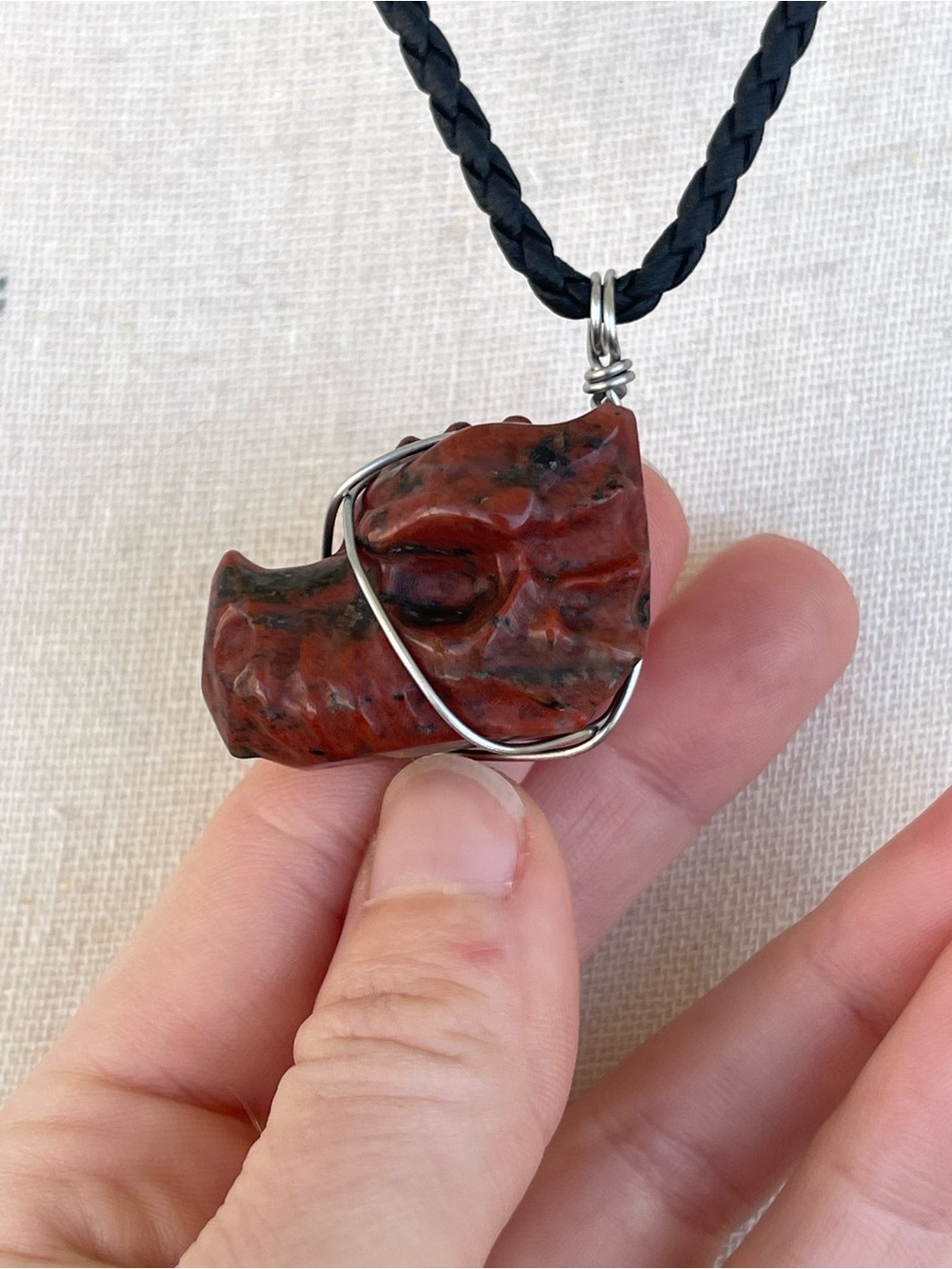 Red Jasper Dragon Skull Pendant Necklace on Black Braided Cord